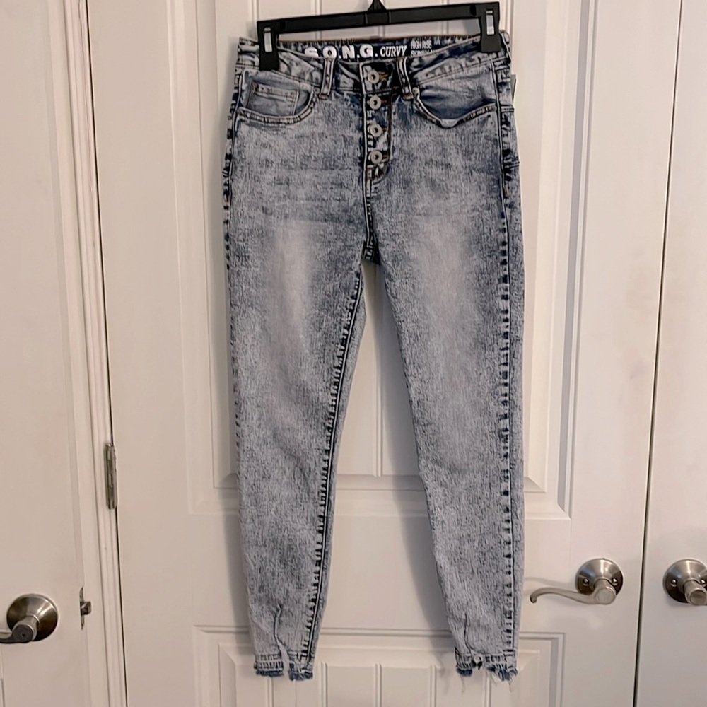 High Rise‎ Button Fly S.O.N.G Curvy Shark Bite Skinny Jeans women’s Sz 27 Blue